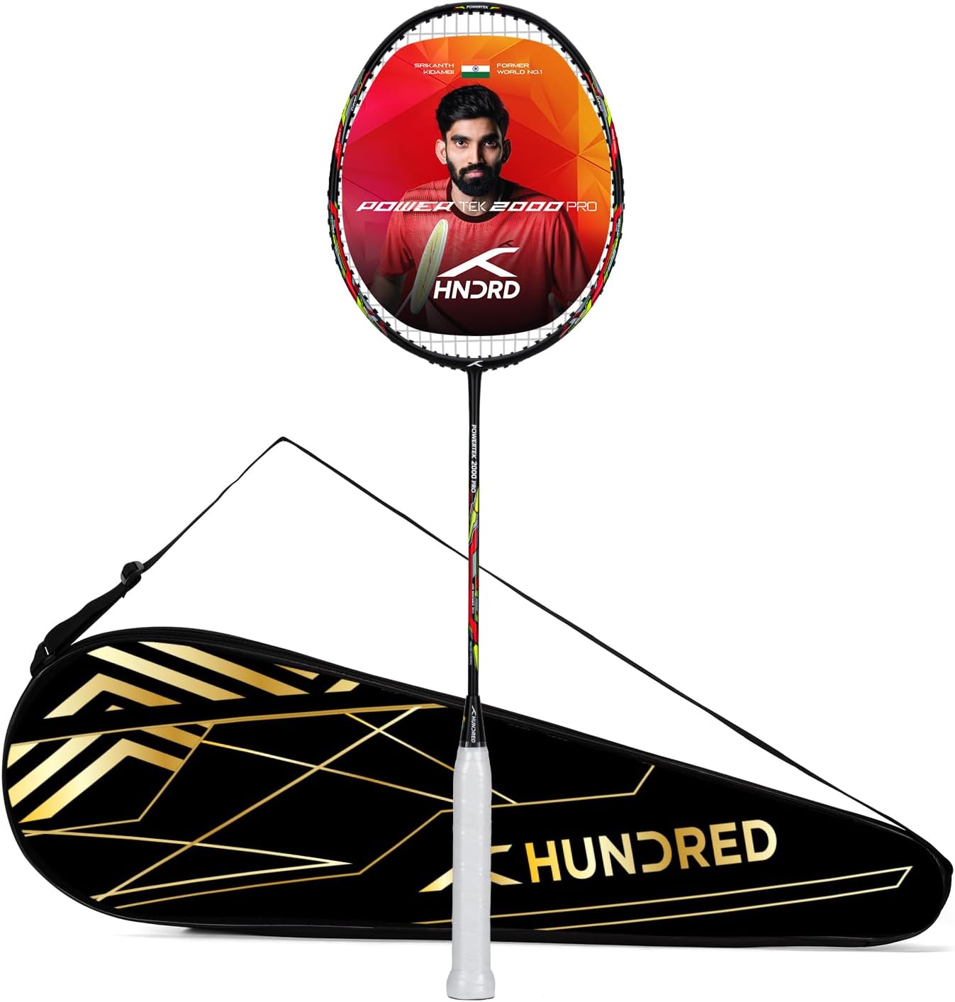Hundred Graphite Powertek 2000 Pro Badminton Racket with Full Cover (90G, Black)
