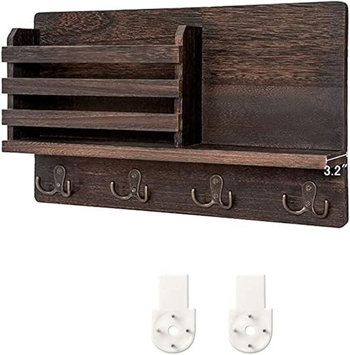 KNFUT Shelves, Wall Mounted Mail Holder Wooden Mail Sorter Organizer with 4 Double Key Hooks and a Floating Shelf Rustic Home Decor
