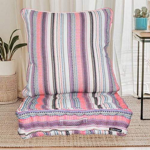 Image of Woven Quilted Floor Cushion Set 40x40x8 CM Multi Color Stripe with Fillers & Back Cushion, Large Size for Seating, Patio Seat, Meditation, Yoga, Pooja, Guests, Living 16x16x4 Inch