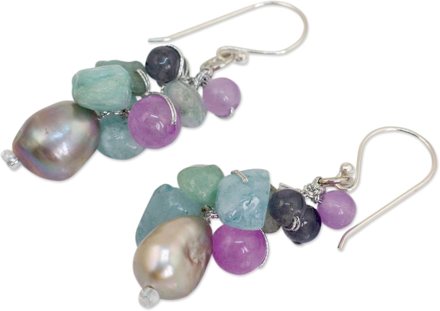 NOVICA Artisan Handmade Cultured Pearl and Aquamarine Cluster Earrings | Sterling Silver Plated | Multicolor White Grey Beaded Quartz | Thailand Bohemian Birthstone | 'Clover' | 1.6" L x 0.5" W