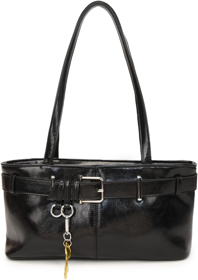 Twievo Shoulder Bag for Women,Y2K Small Belt Buckle Satchel Purse Leather Handbag Clutch Purse,Underarm Tote Handbag for Daily Use - Black