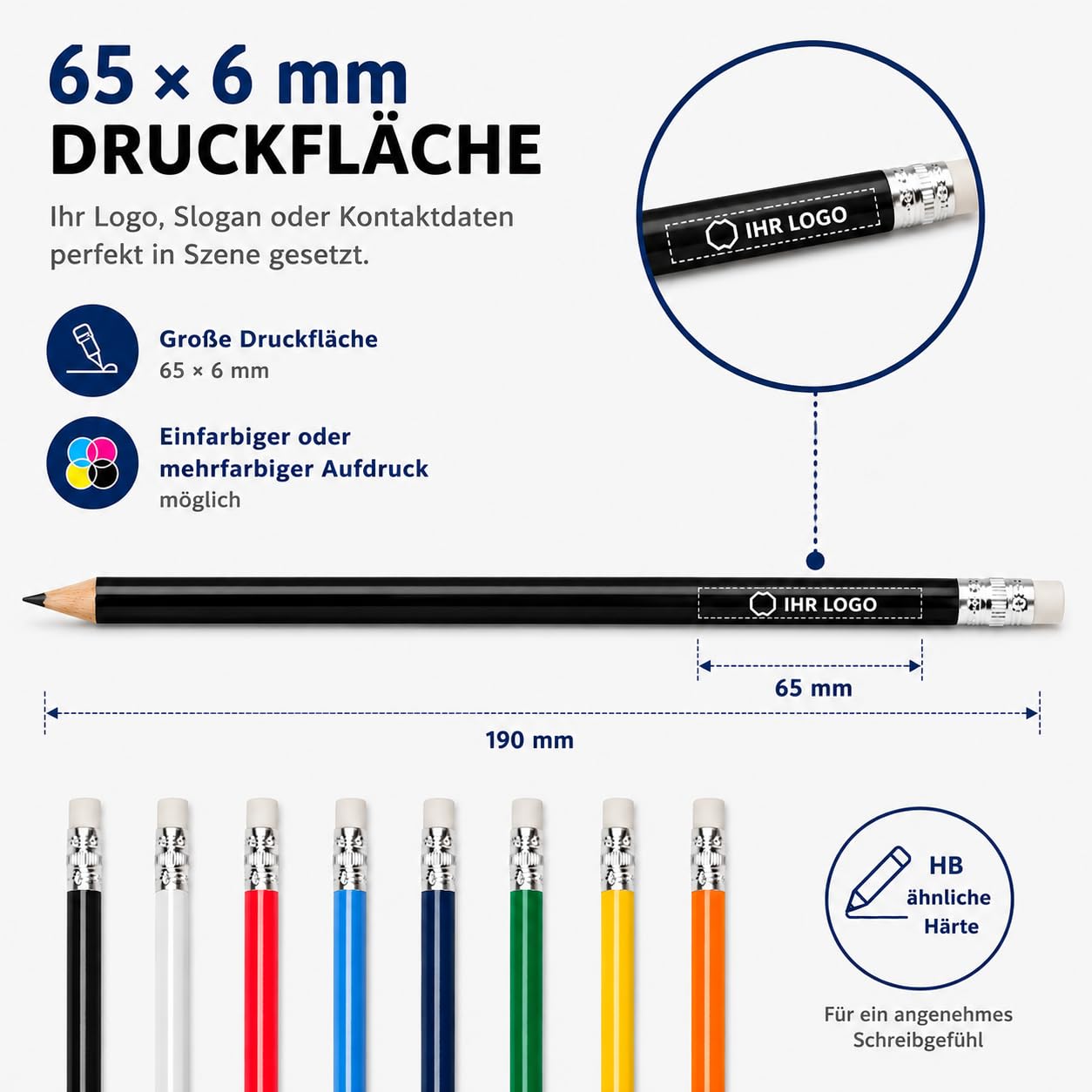 WPRO Werbebleistift mit Logo 100 Stück personalisiert, HB Bleistift mit Radierer, Druckfläche 65x6 mm, einfarbiger oder mehrfarbiger Aufdruck für Messe Büro Hotel Gastronomie