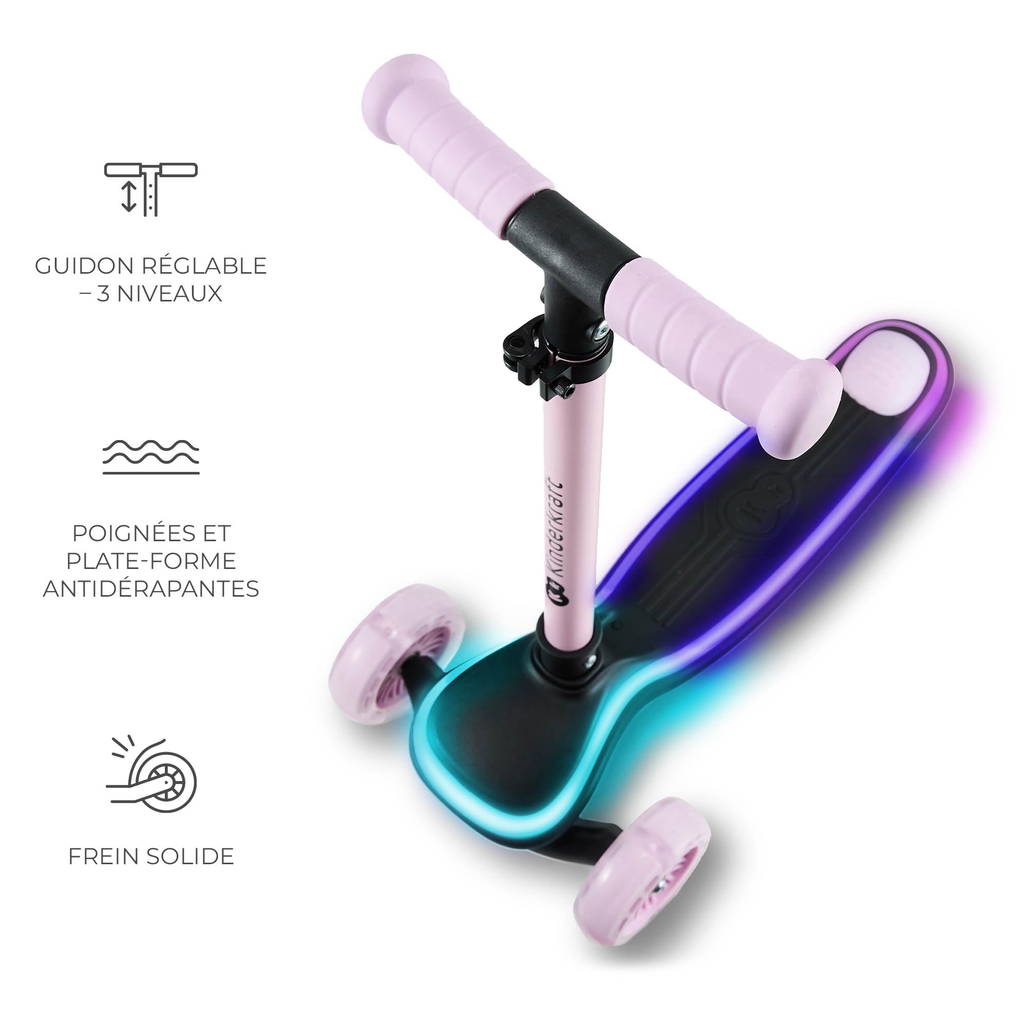 Kinderkraft RAKET Trottinette pour Enfants de 1 an à 50 kg, Trottinette, Roues LED, Guidon réglable en Hauteur, Design Moderne, Rose