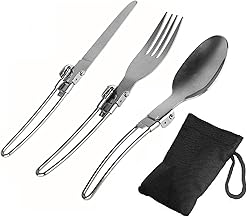 DPCR Travel in Style with 3-Piece Folding Cutlery Set - Stainless Steel Fork, Spoon - Perfect for Eco-Friendly Trekking, Hiking, and Camping - Includes Nylon Pouch for Convenient Storage