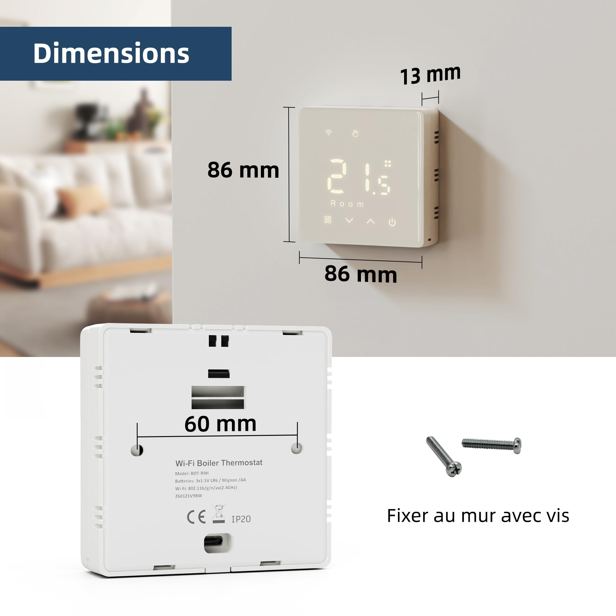 Beok Thermostat chaudière gaz Wi-FI, Contact Sec, en saillie, Alim.Piles,3A