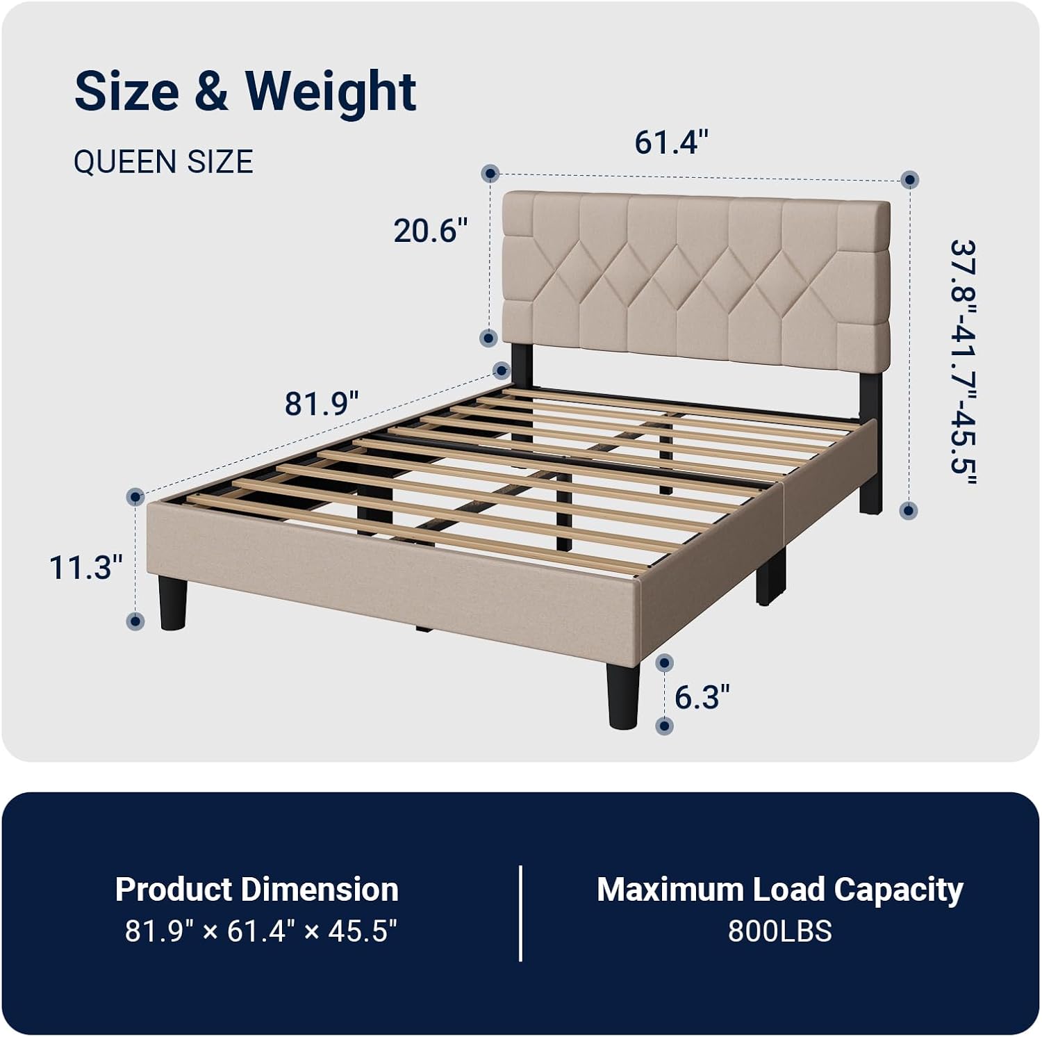 Avenco Queen Size Bed Frame, Upholstered Platform Bed Frame with 3-Height Adjustable Headboard, Easy Tool-Free Assembly & Under Bed Storage, Beige