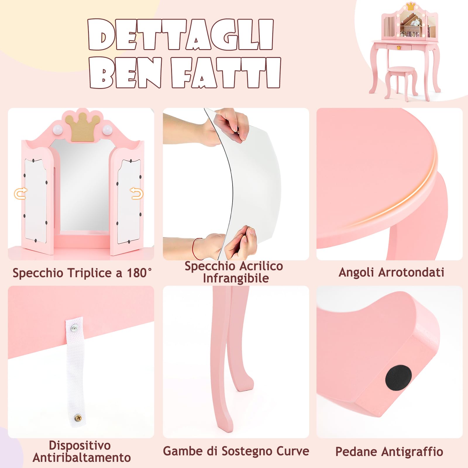 GYMAX Set Vanity Toeletta per Bambini, Tavolo da Trucco da Principessa con Specchio Triplo, Luci Dimmerabili a 3 Colori, Cassetto e Sgabello per Cameretta Bambina, 80 x 40 x 106 cm (Rosa)