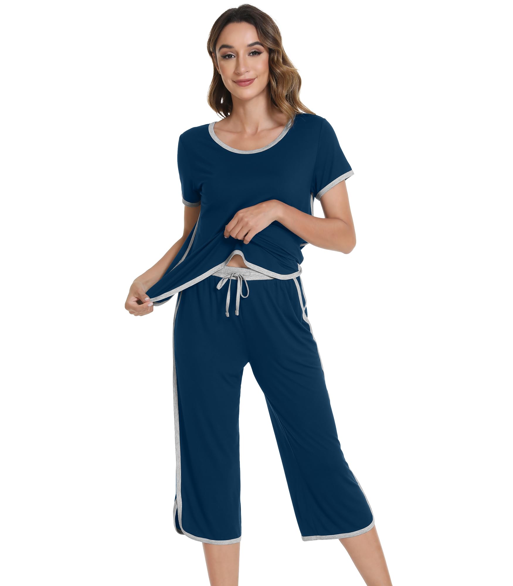 WiWi Conjunto de pijama casual de viscosa de bambú de manga corta con capris y cuello redondo, tallas S-XXL
