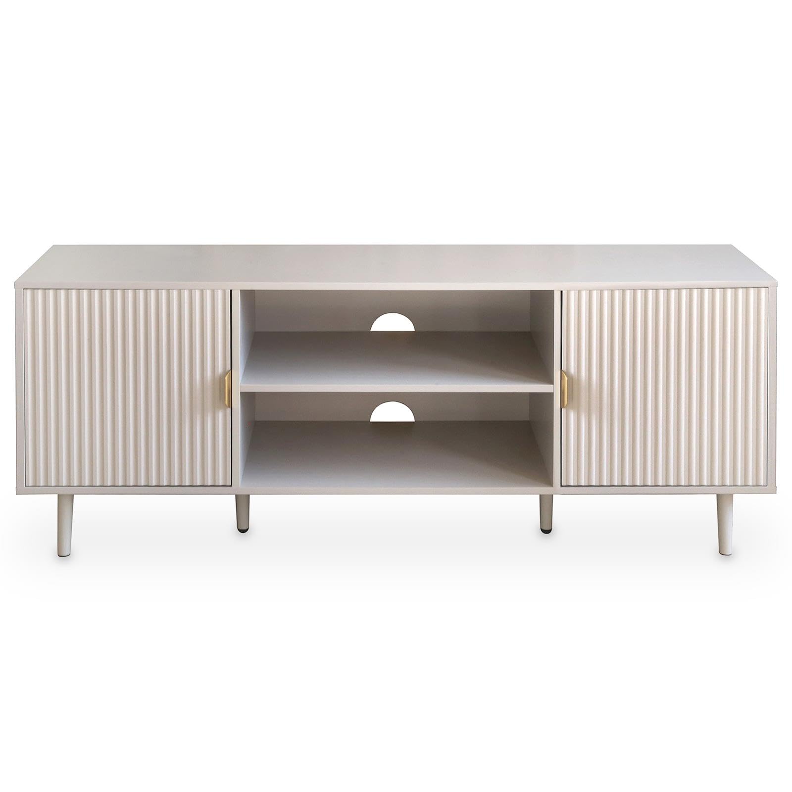Lowboard ZELDA 150 cm, Kaschmir/Hellgrau - Modernes TV Lowboard mit Lamellenfront, Wohnzimmermöbel aus robustem MDF und Metallgestell, TV Schrank mit 2 Türen, offenes Mittelfach und Kabeldurchführung