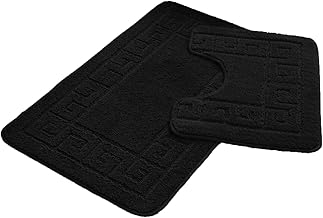 FAIRWAYUK Bathroom Mats Sets 2 Pieces, Ultra Plush Greek Pattern Bath Toilet Mat Anti Slip Pedestal Set, Extra Absorbent 100% Polypropylene Rug, Bathroom Accessory (Black)