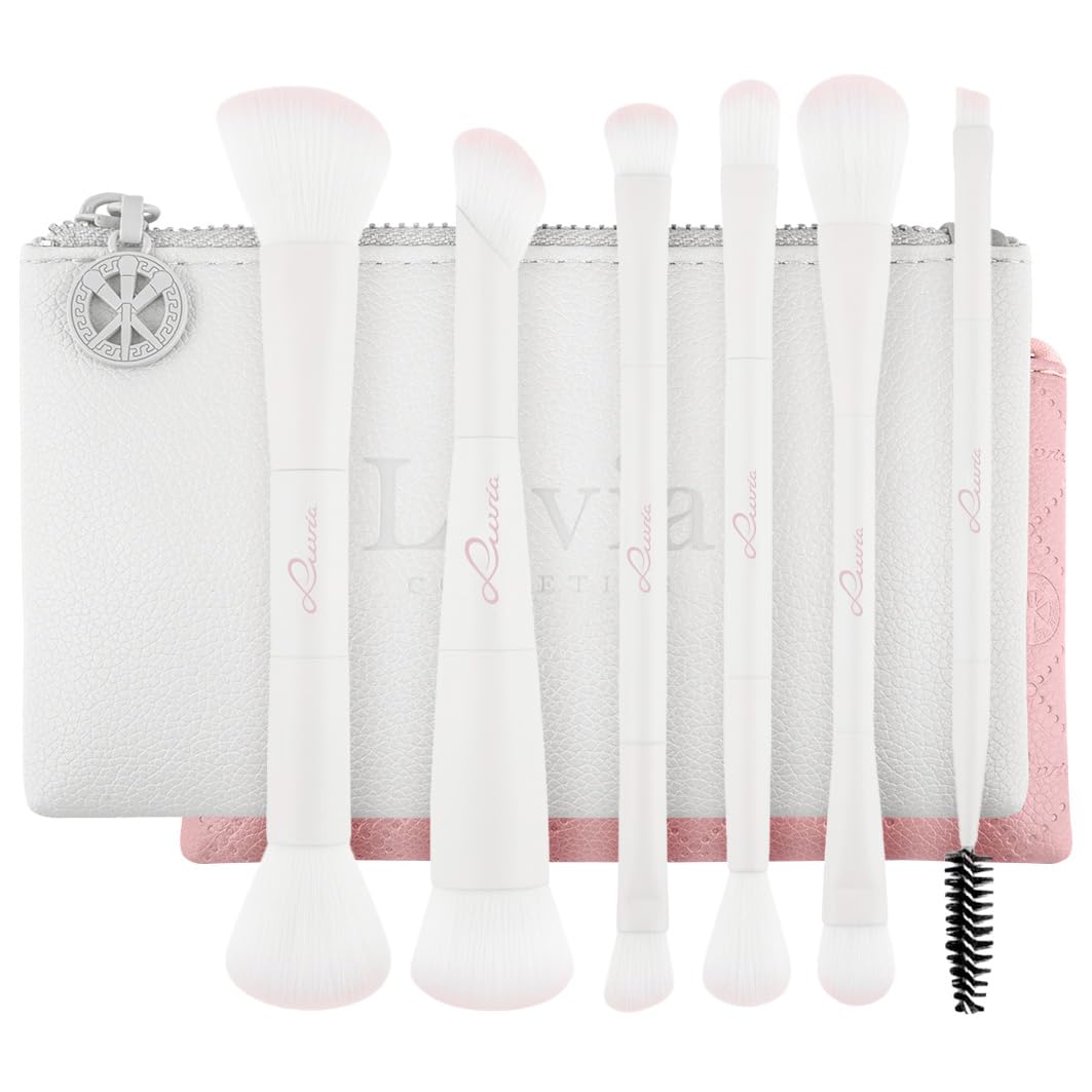Reise Make-up Pinsel Set | 7-teiliges Schminkpinsel Set mit Tasche | 6 vegane Duo Kosmetikpinsel für Foundation, Puder, Concealer, Lidschatten & Augen | Duo Voyage Soft Aura | Weiß & Rosa | Luvia