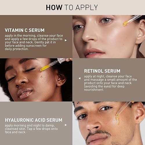 Vista 5 de Aiwei Set de suero facial - Incluye vitamina C, retinol y ácido hialurónico - Mejora la textura de la piel, brillo e hidratación - Sueros faciales