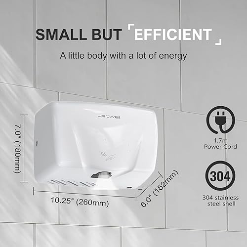 Miniatura 2 de JETWELL Secador de manos automático comercial de alta velocidad - Secador de manos de acero inoxidable resistente - Soplador de mano de viento cálido