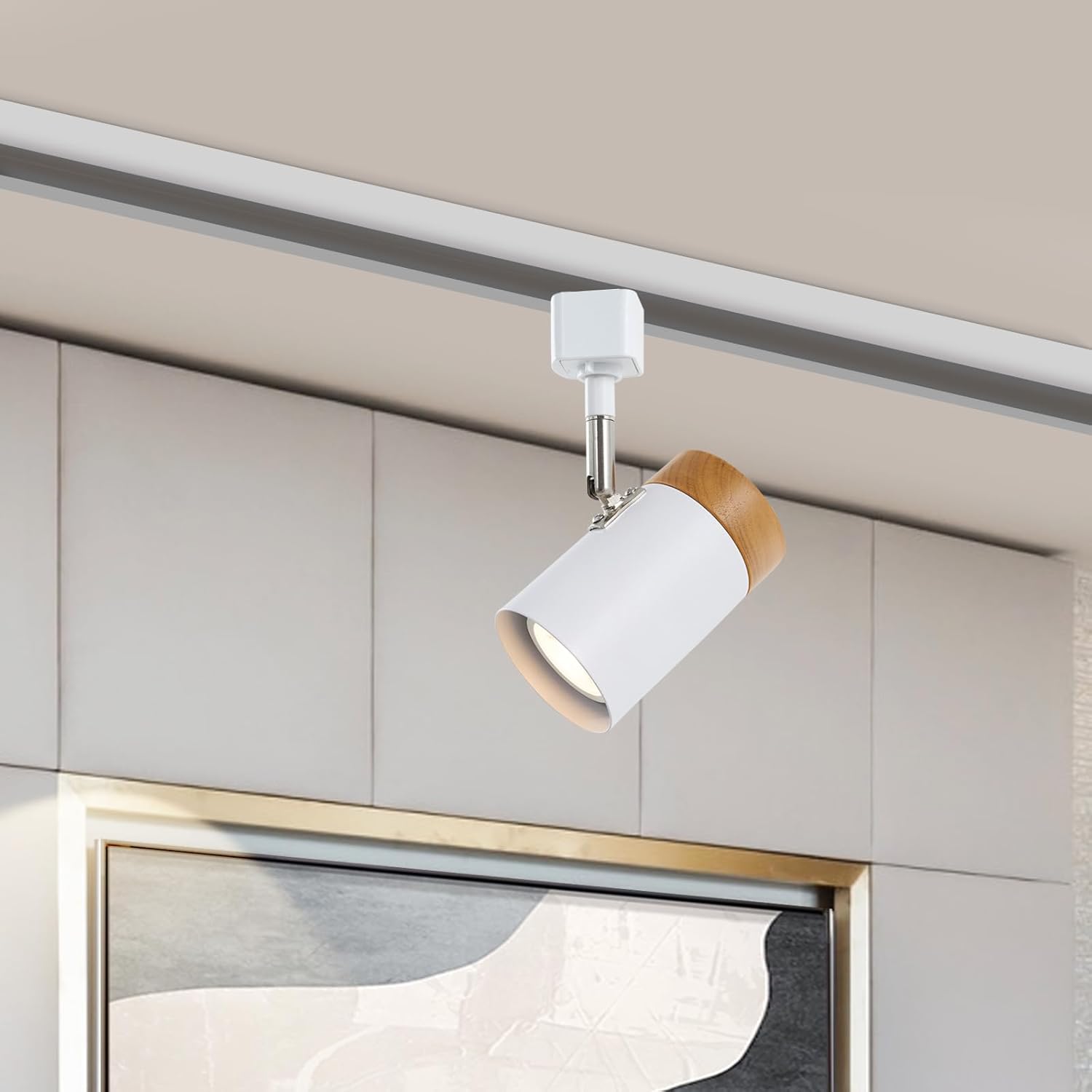 H Type 6 Track Lighting Heads, Natural Solid Wood and Matte White Lampshade Spotlights, Brushed Nickel Swivel Item Kit