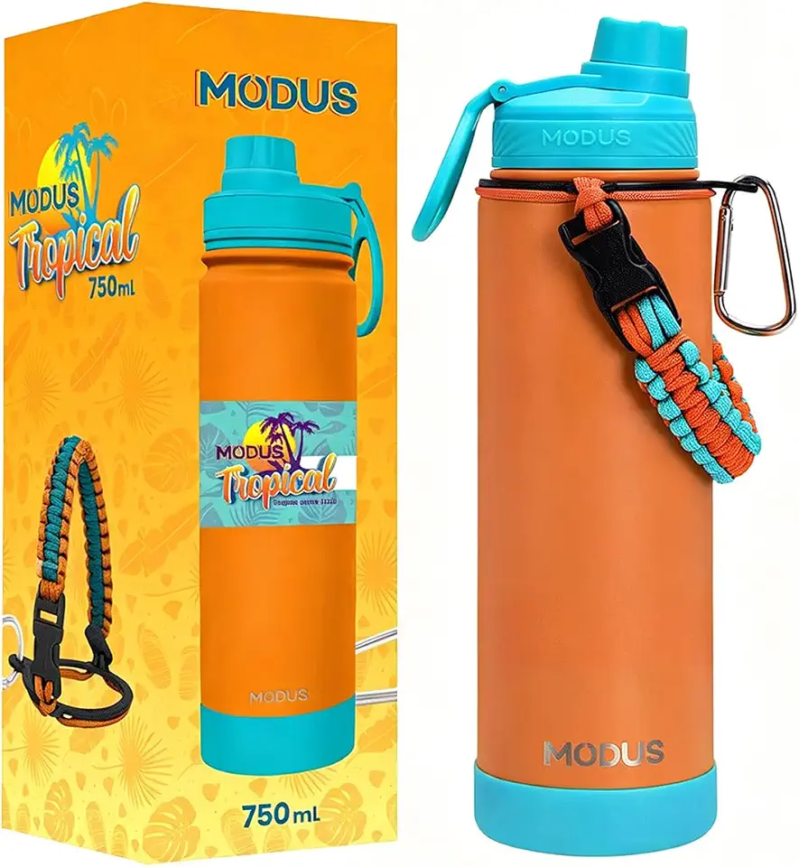 MODUS Garrafa Térmica de Aço Inoxidável 750ml a Vácuo com Alça de Paracord e Protetor Antichoque Removível (Laranja)