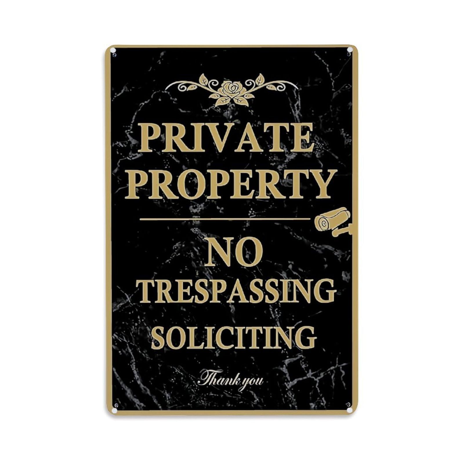 Private Property No Trespassing Soliciting Retro Metal Tin Sign, Vintage Metal Poster for Bar, Home, Man Cave, Kitchen, Laundry Room Art Decor 8x12 Inch