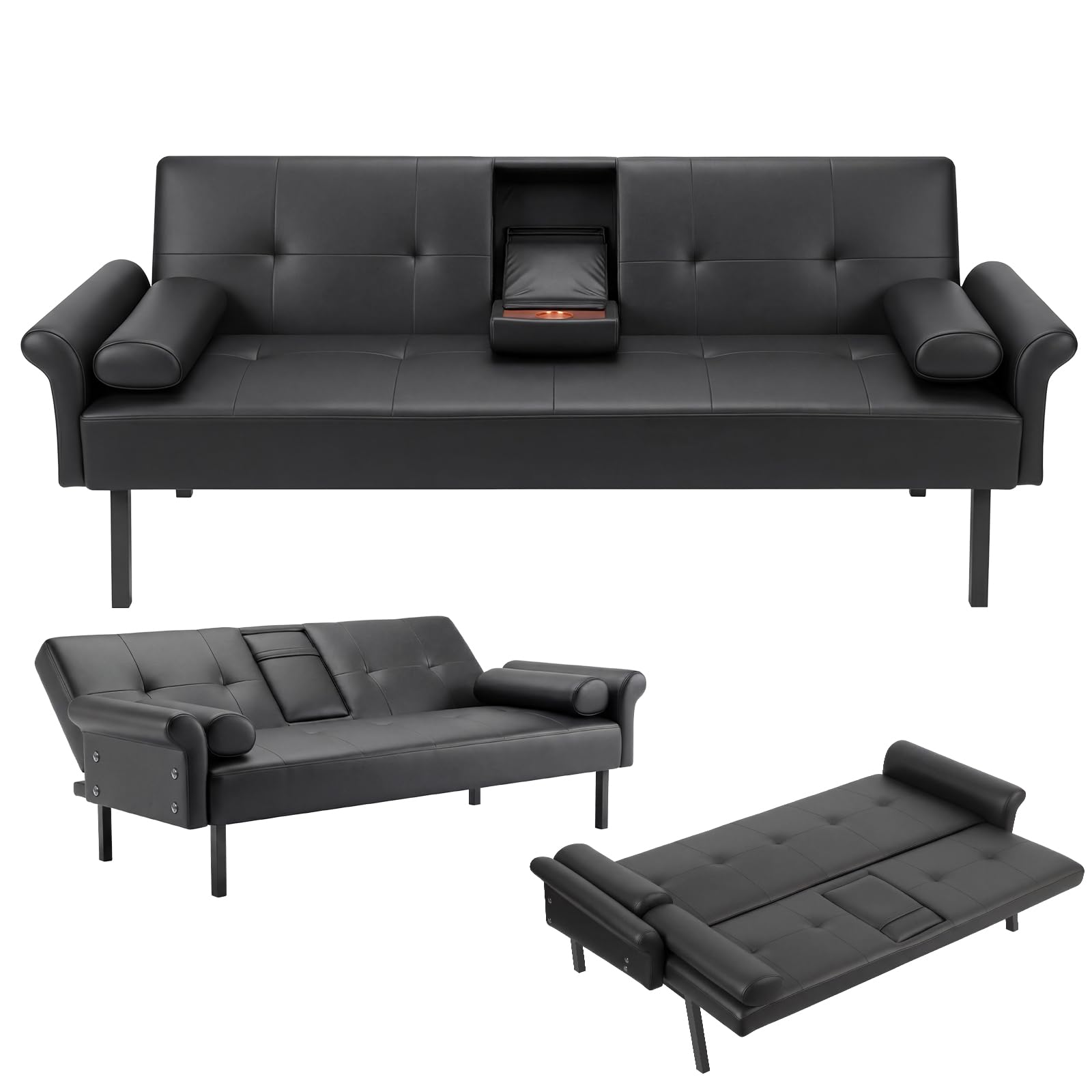 Panana Modern 3 Seater Sofa Bed, Black Faux Leather Upholstered Sofa bed with Metal Legs,Futon Recliner Lounge for Living Room, Spare Room, Bedroom (Black with Cup Holder) — image 1