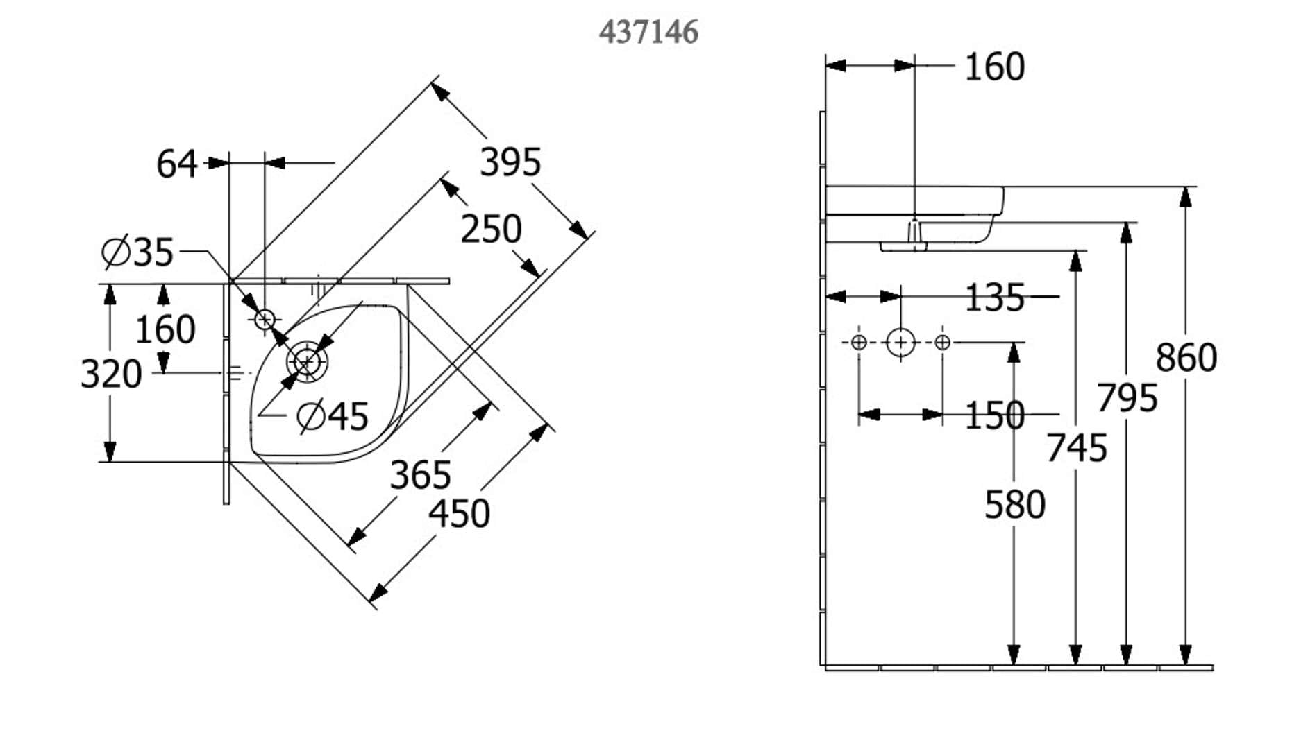 Villeroy & Boch Subway 3.0 lavabo esquinero con enjuague manual, 320 x 320 mm, 1 agujero para grifo, sin rebosadero, sin suelo, 437146, Color: Cerámica Blanca