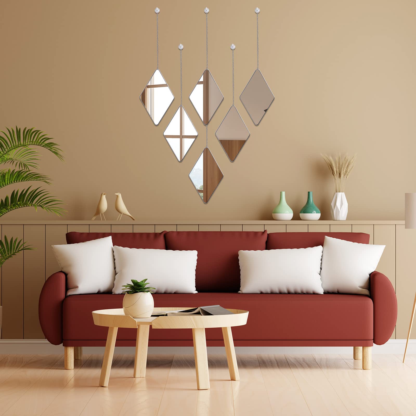 Namalu Set di 6 Decorazioni da Parete a Specchio con 2 Cacciaviti Specchi da Muro a Forma di Diamante con Catena Specchi Decorativi con Cornice in Argento da Appendere per Casa, 10,8 x 6,7 Pollici