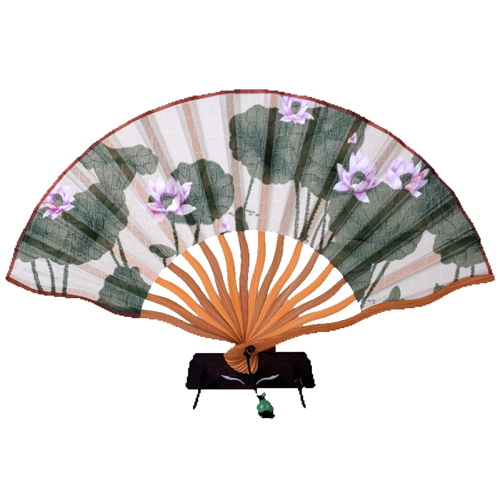 METTEOR Folding Fan,Silk Handheld Folding Fan Flower Wavy Handle Hollowed Bamboo Hand Holding Fans with Jade Pendant Gift Box for Decorations,Dark G