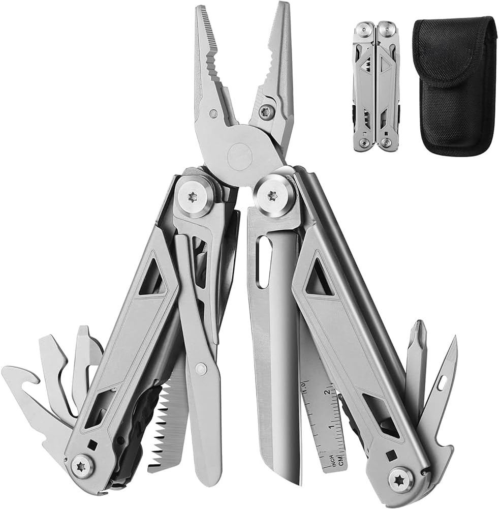 Upgraded Multitool Pliers, 17-in-1 Stainless Steel Multi Tool with screwdriver bits, cutter,stripper,awl,saw,scissors,bottle opener etc. Folding Pocket Multifunctional Tool for Camping Hiking