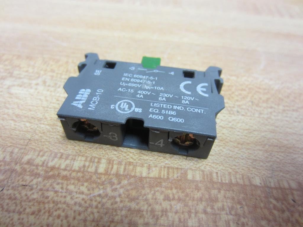 דעטאַילעד view of the ABB MCB-10 Contact Block showing electrical specifications and terminal numbers.