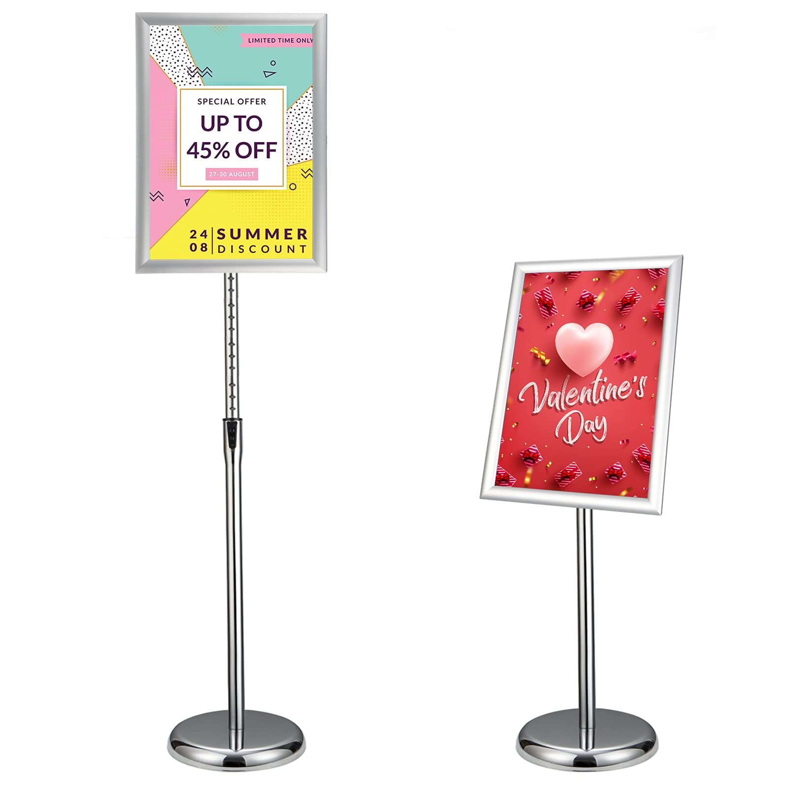 Adjustable Sign Holder, A3 Floor Standing Sign Holder, 11x17 Inch Adjustable Sign Stand, 360° Rotation Poster Holder with Heavy Metal Base for Business, Restaurant, Mall (Sliver)