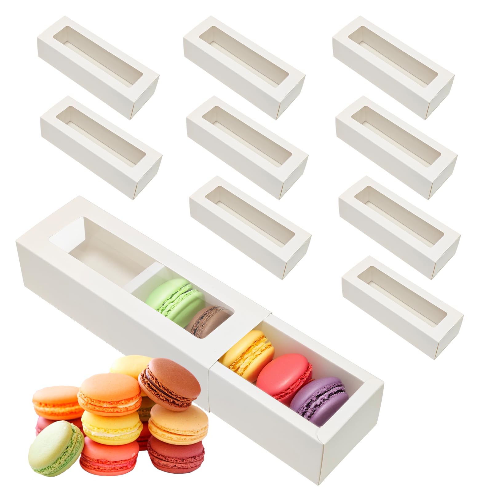 Laurraine 10 Set Macaron Box (20.5x7.1x5.2cm) - White Cupcake Packaging with View Window | Food True Donut, Muffin & Cookie Box | Transparent Gift Box for Hobby Bakers & Households