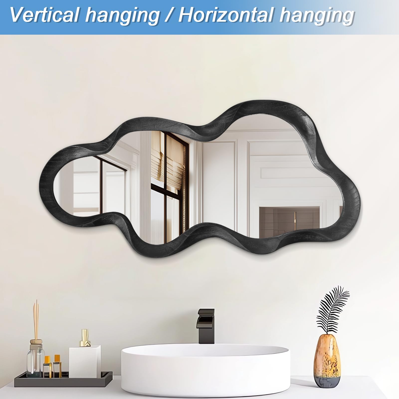 Irregular Wooden Framed Wall Mirror Modern Asymmetrical Unique Hanging Mirror Artistic Unique Cloud Shape Wall Decor Bathroom Vanity Bedroom Living Room Entryway Hallway Large