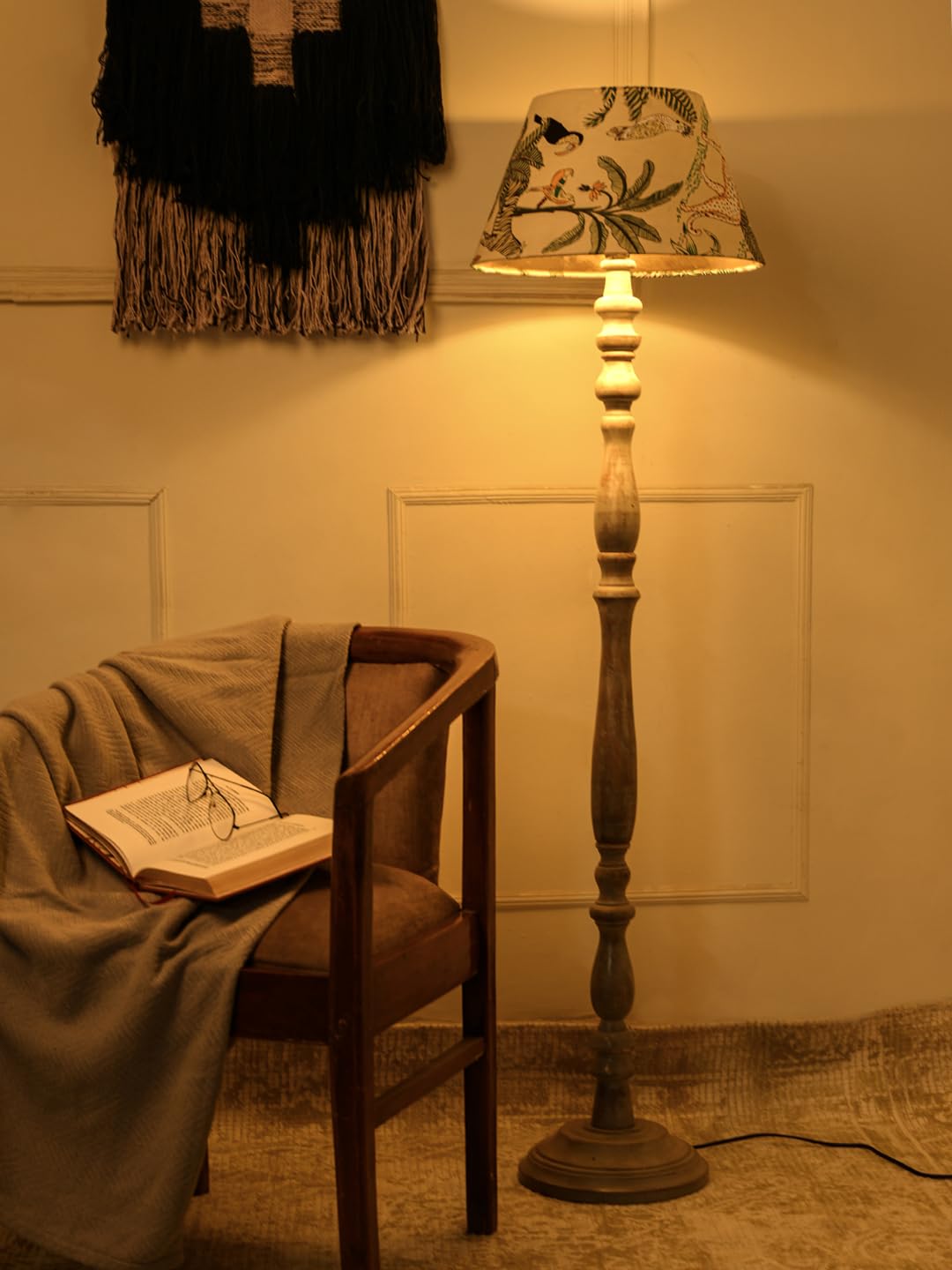 Green Girgit Wooden Grey Color Floor Lamp with Taper Green Multicolor Shade | Light Decoration for Home | Living Room & Bedroom Bedside | Wooden