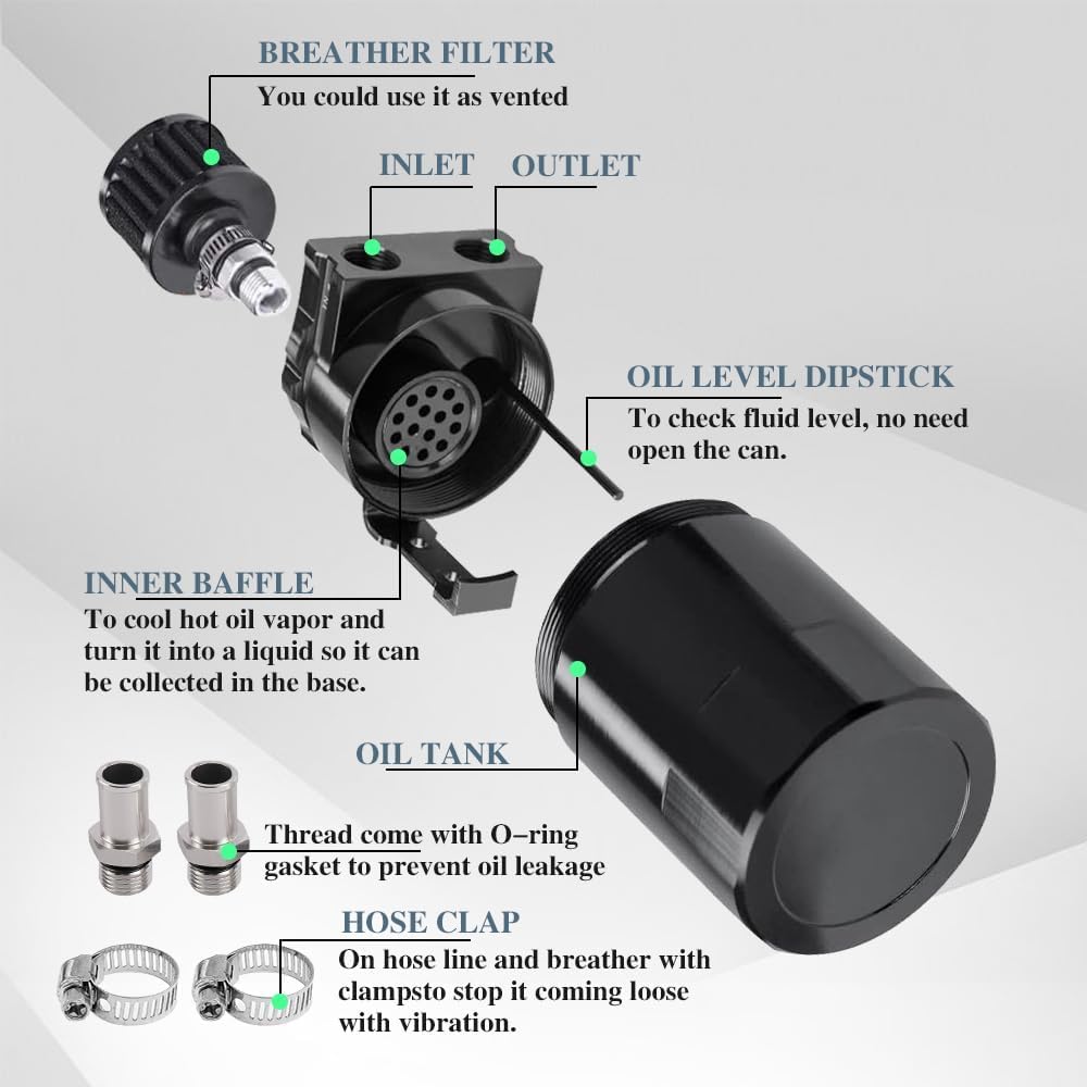 Flaconi Decanter Vapori Olio per Auto, Universale Oil Catch Can, 300ml Alluminio Recupero Vapori Olio Motore, con Filtro dell'aria, tubo flessibile, Dadi, e Altri Accessori, per Una Varietà di Veicoli