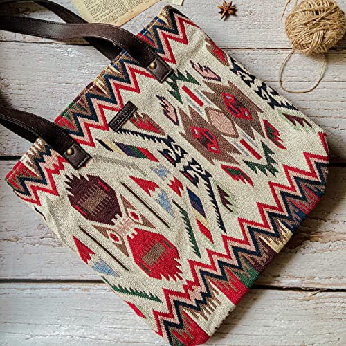 Image of maisha by Esha Stylish Cotton Jacquard Tote Bag for Women - Handcrafted Travel Handbag, Cabin & Overnight Bag | Spacious Multi-Purpose Bag with 3 Compartments