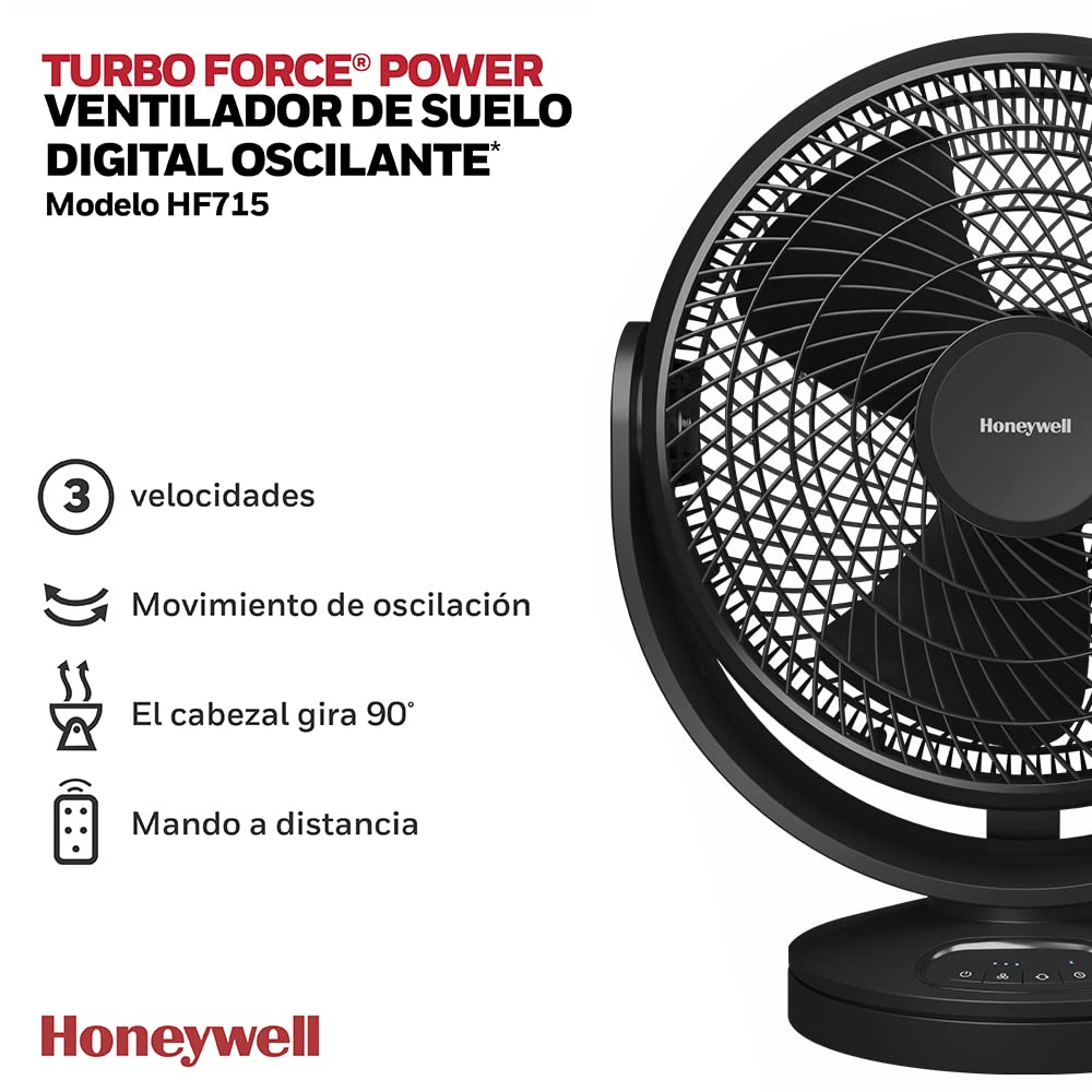 HONEYWELL HF715BE4 - Ventilador digital oscilante Turbo Force de (personal; pequeño; para el hogar o la oficina; con mando a distancia; comandos electrónicos con LED; 3 velocidades; giro de 90 grados)