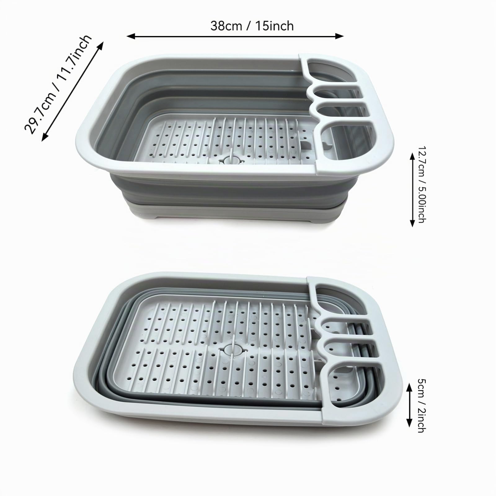 SAMMART Collapsible Plastic Dish Drainer with Drainer Board - Foldable Drying Rack Set - Portable Dinnerware Organizer - Space Saving Kitchen Storage Tray (Grau)