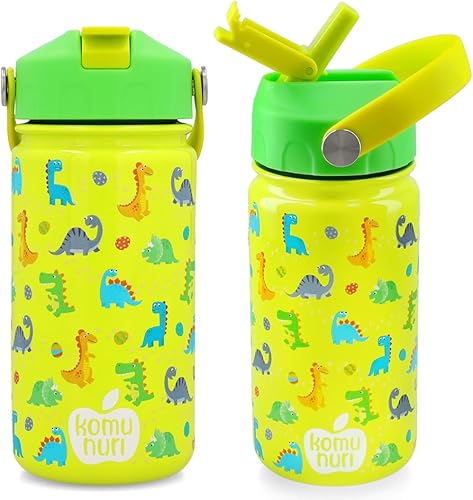 KOMUNURI Botella de agua para niños a prueba de derrames con tapa con pajilla, 1 popote extra, acero inoxidable aislado, 14 onzas, niños pequeños,