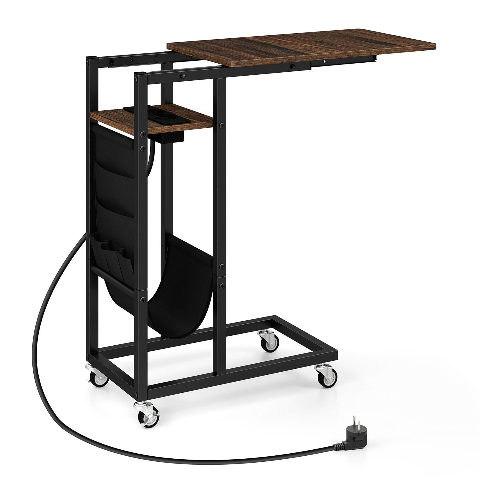 LIFEZEAL mesa Auxiliar con Enchufe, Almacenaje en Forma de C con Ruedas, Pequeña para Sofá, Portátil con Bolsillo Lateral, Salón, Dormitorio (Marrón)