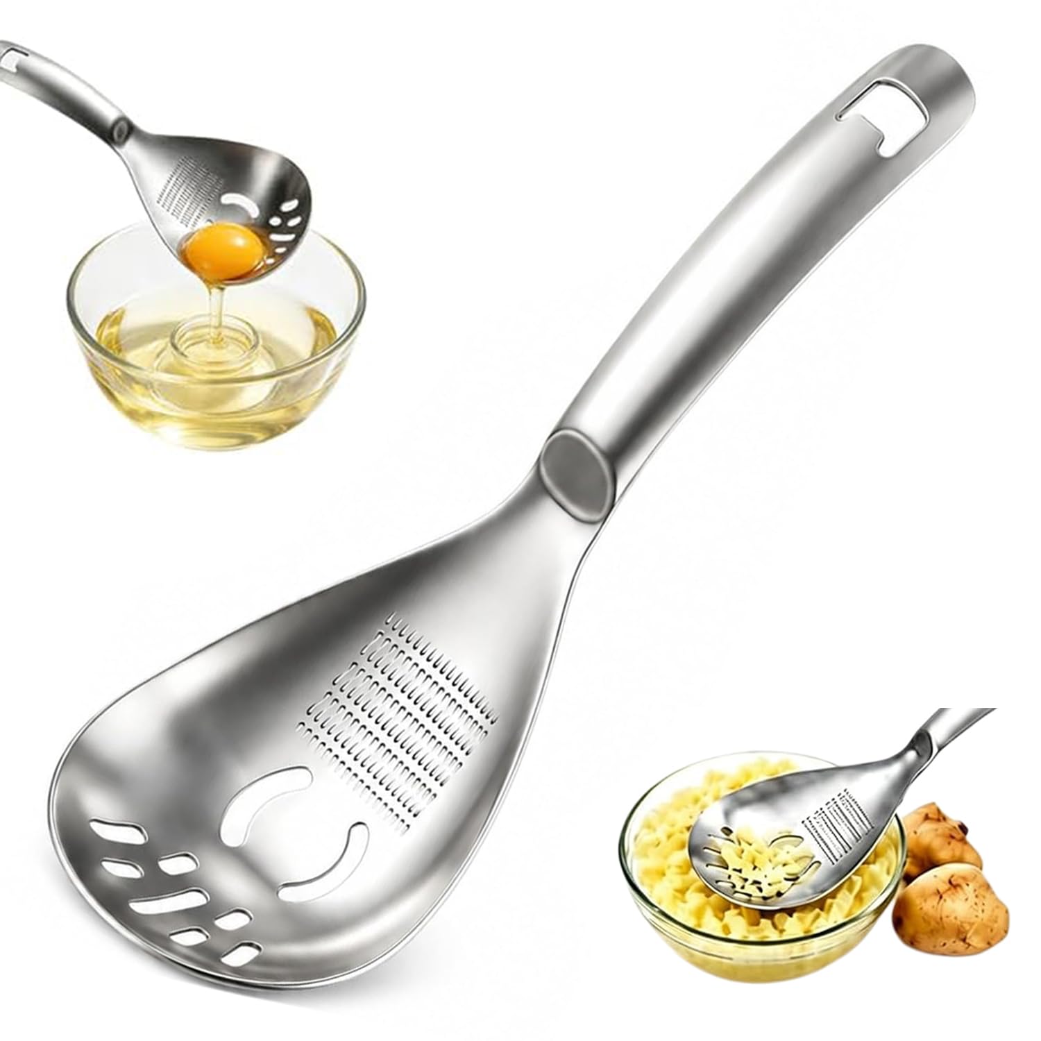 5-in-1 Stainless Steel Kitchen Cooking Spoon, Multifunctional Kitchen Cooking Stainless Steel Spoon with Grinder, Strainer, Masher, Egg Separator & Bottle Opener for Everyday Home Cooking