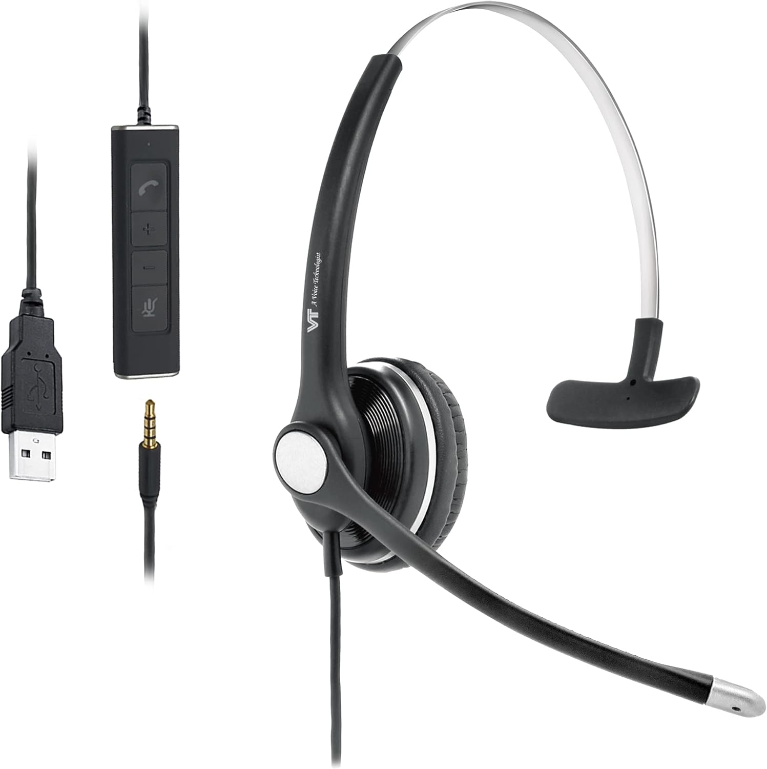 VT Mono Wired-Headset with Noise-Cancelling Microphone – USB-3.5MM Connectivtity Work with UC Platforms Such as MS Teams,Zoom,Genesys,GoogleMeet,Bria,etc.