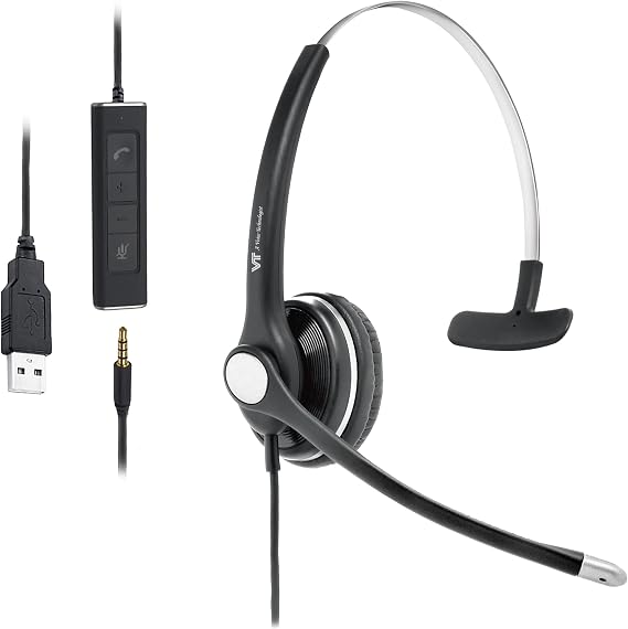 VT Mono Wired-Headset with Noise-Cancelling Microphone - USB-3.5MM Connectivtity Work with UC Platforms Such as MS Teams,Zoom,Genesys,GoogleMeet,Bria,etc.