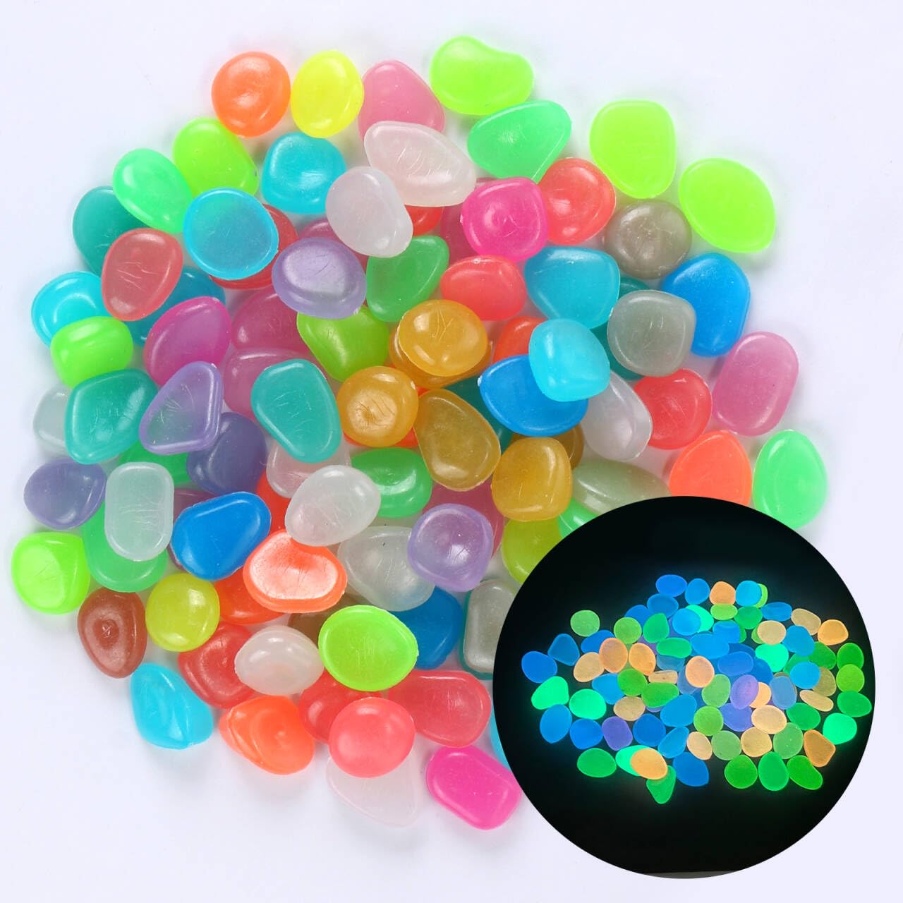 100Pcs Luminous Stones Glow in The Dark Garden Pebbles Stones Rocks, Glowing Rocks for Outdoor Decor, Garden Lawn Yard, Aquarium, Walkway, Fish Tank, Pathway (Mix Color)