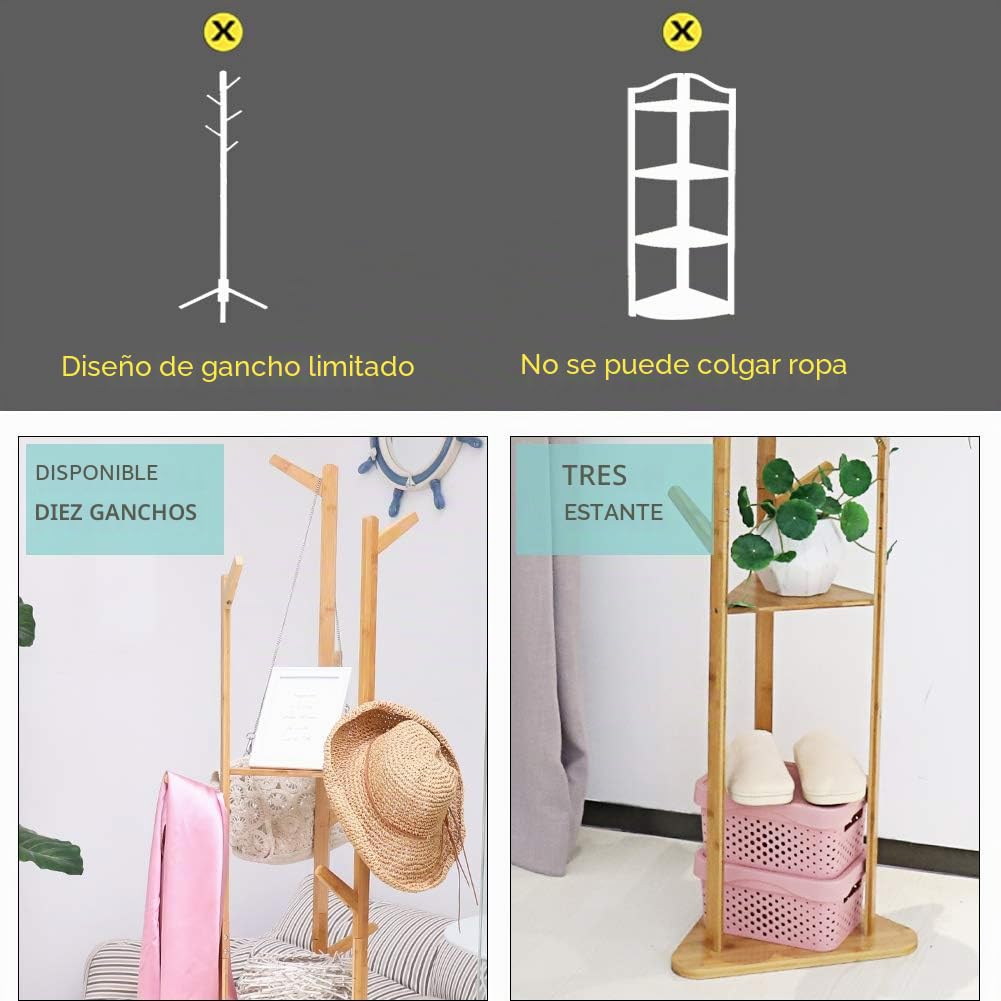 unho Perchero de Pie Madera de Recibidor: Perchero Ropa Original Bambu Colgador Ropa de Arbol con 9 Ganchos 3 Estantes para Entrada Dormitorio Habitacion Pasillo