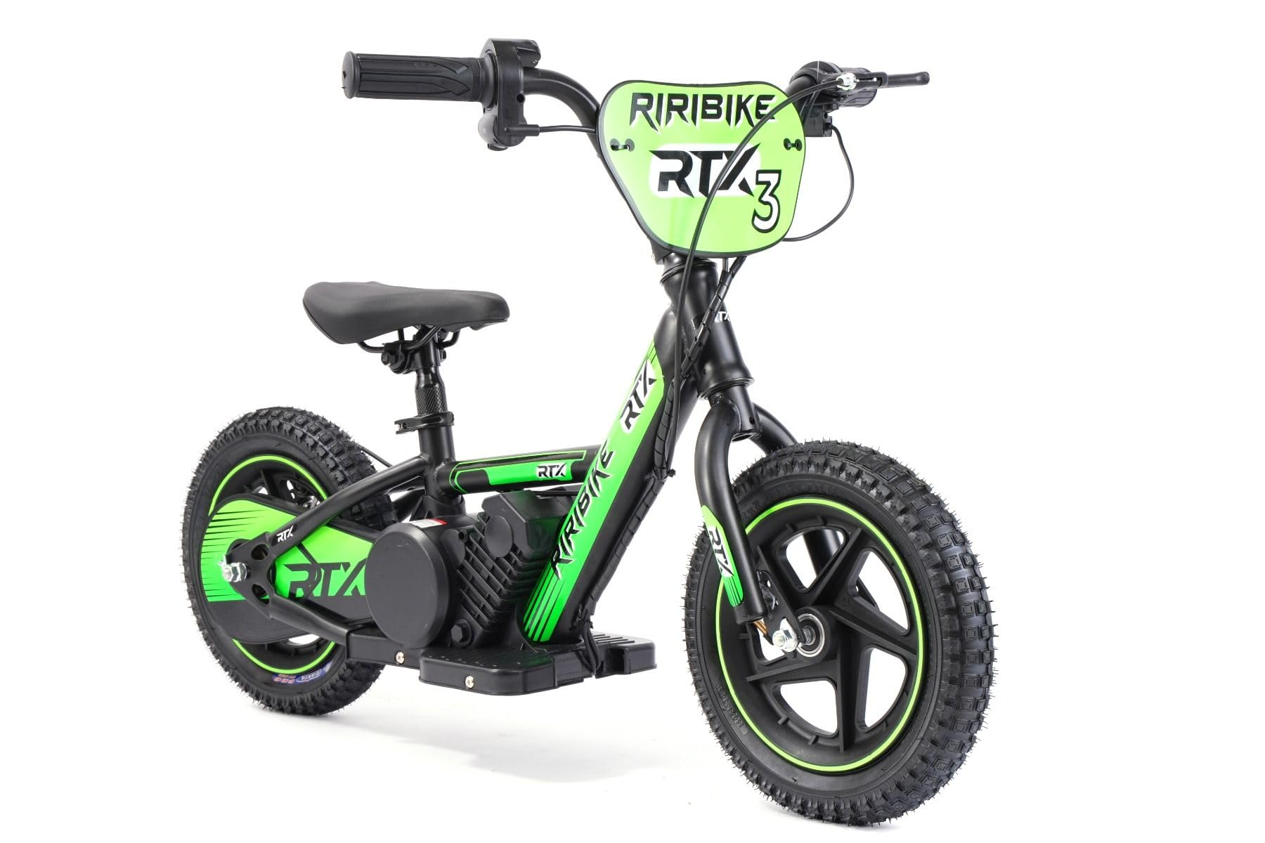 Bici elettrica per bambini RIRIBIKE RTX3 24V (12"), verde, Batteria al litio, Motore 100W, Freno a disco, Sedile regolabile in morbido PU