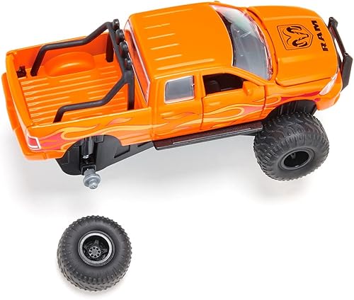 Miniatura 5 de Siku 2358, Toy Dodge RAM 1500 con neumáticos para globos, 1:50, metal/plástico, negro/naranja, ruedas intercambiables, puerta que se abre, capó y