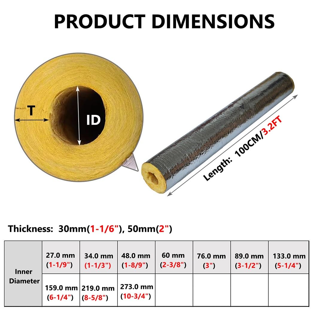 Rohrschale Aus Steinwolle Mit Aluminiumüberzug, Isolierung Für Kaminrohre Und Heizungen, Ø 27-273.0mm, Verschiedene Größen(ID219.0mmxT50.0mmxL1.0m)