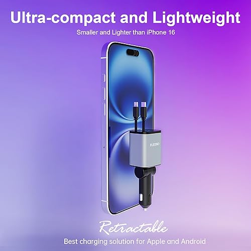 Miniatura 4 de Flexino Cargador de Coche Retráctil para iPhone 16, Cargador de Coche USB C de Carga Rápida 69W, Cargadores de Coche con 2 Cables Retráctiles 0.8m,