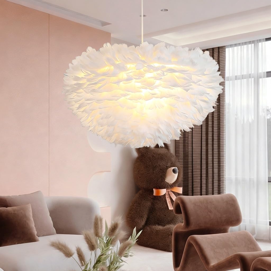 JOJOM Feather Light Shade for Ceiling Pendant Light Modern Nordic Chandelier Decoration Accessories Feather Lamp White Pink Grey or Living Room Dining Room and Bedroom(A,50cm)