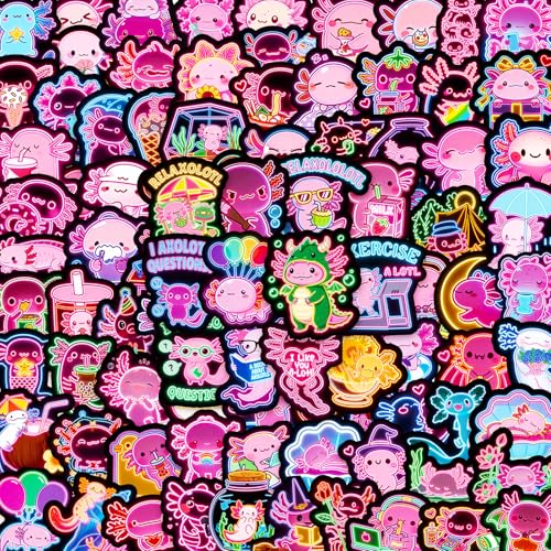 120PCS Neon Axolotl Stickers Pack Cute Cartoon Salamander Stickers Waterproof Vinyl Decals for Laptop Water Bottles Phone Luggage Car Axolotl Gifts Birthday Decorations Party Favors
