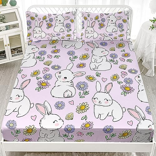 AILONEN Rabbit Fitted Sheet Set Twin Size, Kawaii Bunny Bed Sheet Set,Kids Girls Floral Rabbit Sheets Set,Cute Rabbit Pink Bed Sheet Set 3 Pieces, 1 Fitted Sheet and 2 Pillowcases