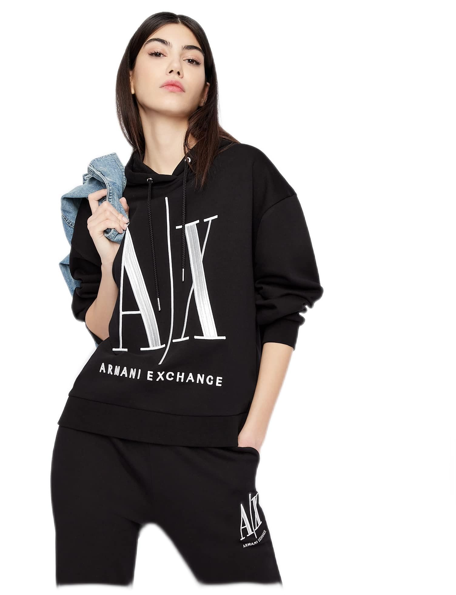 Armani Exchange Women's Icon Project Hoodie, Embroidered Logo Hooded Sweatshirt, Black, XL
