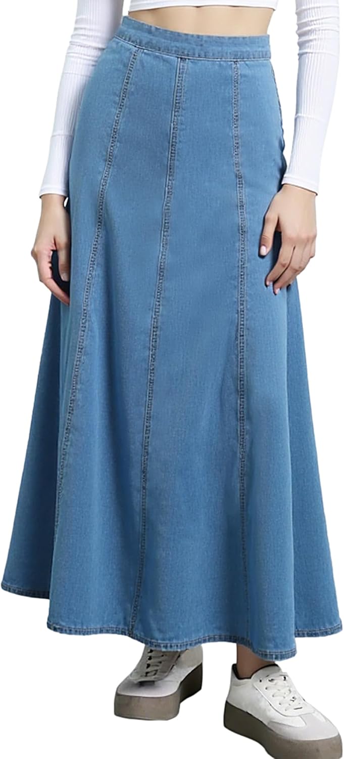 Women Flared Denim Skirts High Waisted Western Long Maxi Panel Jean Skirt